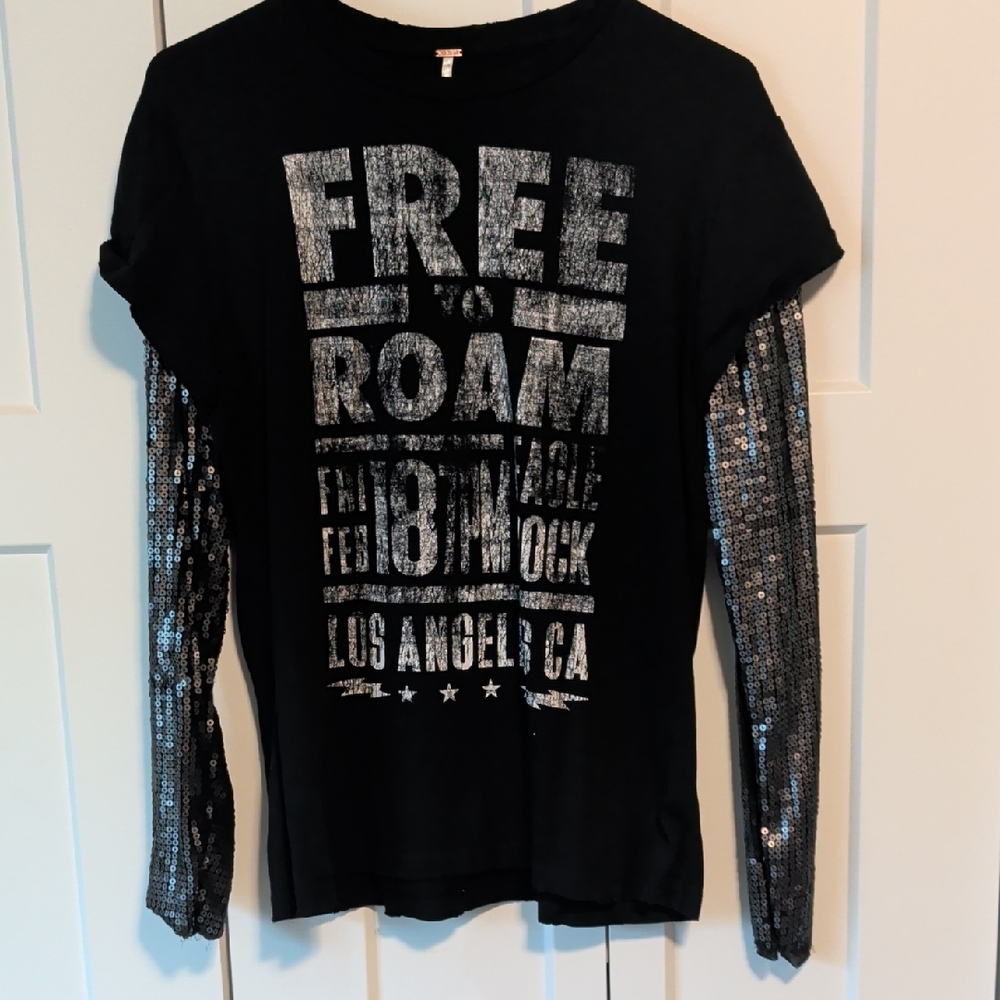 Free People Black Top with Silver Sequin Sleeves